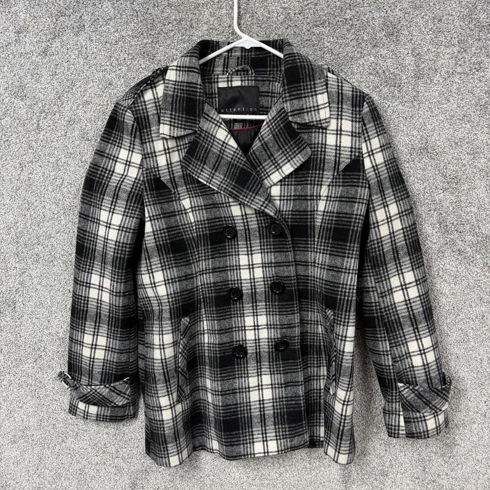 Attention Pea Coat Womens M Black White Plaid Double Breasted Cozy Dark Academia